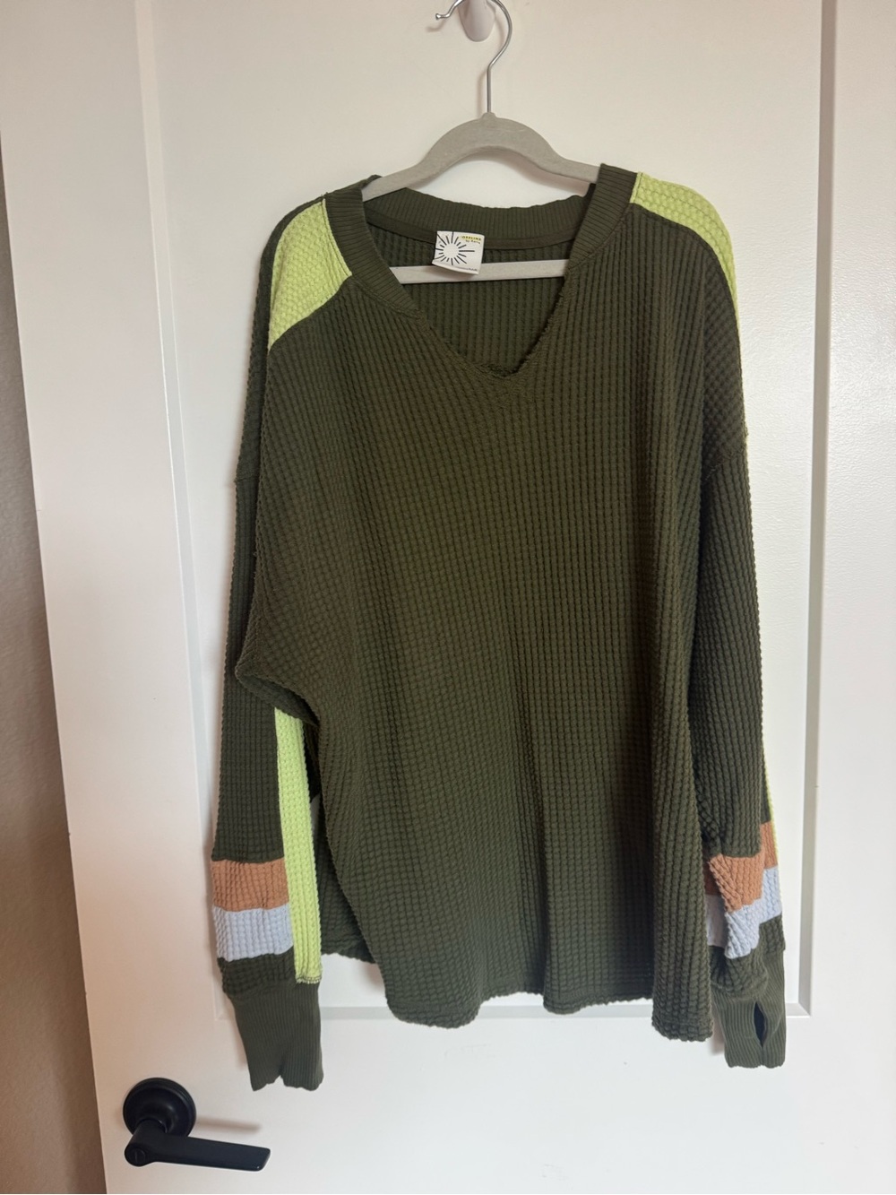 Olive Green Waffle-Knit V-Neck Sweater with Colorblock Accents